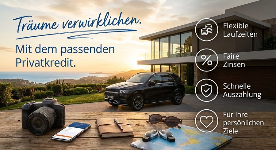 KI-erzeugtes Bild: Kamera, Smartphone, Notizbuch, Sonnenbrille, Autoschlüssel und Landkarte auf einem Holztisch, dahinter ein Auto vor einem modernen Haus über dem Meer im Abendlicht. Bildtext: Träume verwirklichen. Mit dem passenden Privatkredit. Daneben vier Merkmale des Kredits.